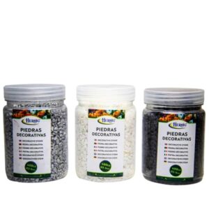 Frascos de pedras decorativas prateado, branco e preto de 400g