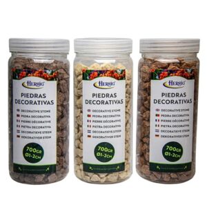Frascos de pedras decorativas castanhas em três tons