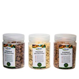 Frascos de pedras decorativas castanhas em três tons
