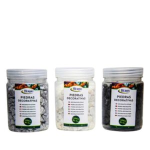 Frascos de pedras decorativas prateadas, brancas e pretas de 400g