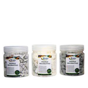 Frascos de pedras decorativas em branco e cinzento