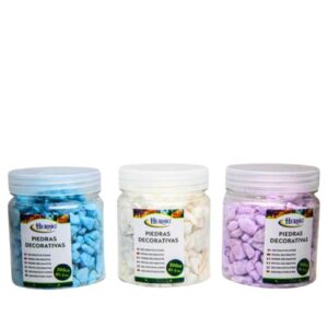 Frascos de pedras decorativas azul, branco e lilás de 300g