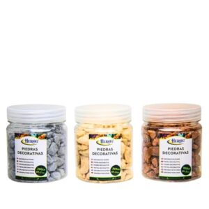 Frascos de pedras decorativas cinza e castanho de 300g