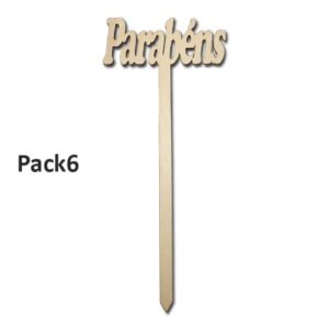 Pick decorativo parabéns em madeira, ideal para arranjos de aniversário, pack de 6