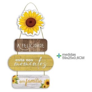 Placa de parede em MDF com girassol e texto decorativo