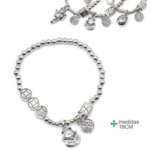 Pulseira Gato da Sorte 18cm com amuletos de boa fortuna