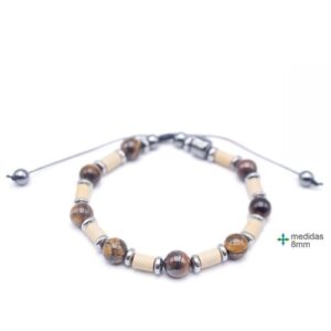 Pulseira de proteção em madeira e hematite com olho de tigre
