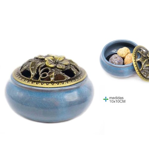 Queimador em cerâmica azul com tampa decorativa, 10x10cm