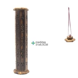 Queimador em madeira para incenso, formato torre, 31x6,5cm