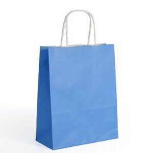 Saco de papel azul claro com asas torcidas, tamanho 18x8x24cm