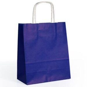 Saco de papel azul escuro com asas torcidas, tamanho 32x12x41cm