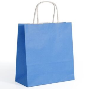 Saco de papel azul claro com asas torcidas, tamanho 46x16x49cm