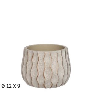 Vaso em cerâmica com relevo, cor creme e dourado, 12cm