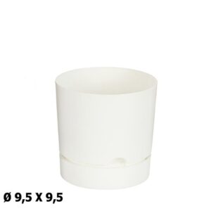 Vaso redondo em plástico branco com prato de 9,5x9,5cm