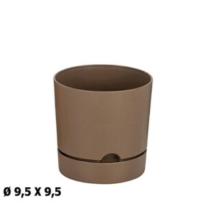 Vaso redondo em plástico castanho com prato