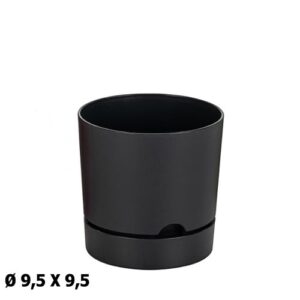 Vaso redondo em plástico cinzento com prato, 9,5x9,5cm