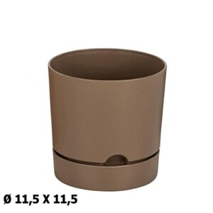 Vaso redondo em plástico castanho com prato de 11,5x11,5cm