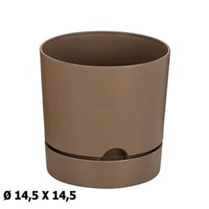 Vaso redondo em plástico castanho com prato 14,5x14,5cm