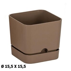 Vaso quadrado em plástico castanho com prato 15,5x15,5cm