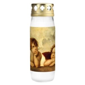 Vela em copo de vidro com imagem de anjo pensador, tampa dourada