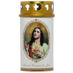 Círio Vela 30L com imagem do Sagrado Coração de Jesus, tampa dourada