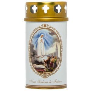 Círio Vela 30L com imagem de Nossa Senhora de Fátima em recipiente branco e dourado