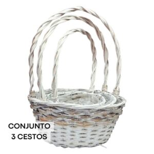 Pack de 3 cestos redondos brancos com asa