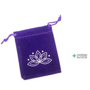 Bolsa em tecido roxo com desenho de lótus para pedras, 8x10cm