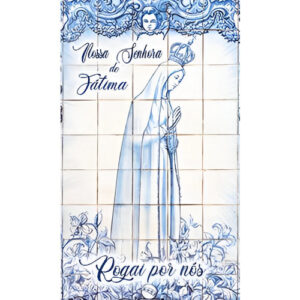 Etiqueta decorativa para velas com imagem de Nossa Senhora de Fátima em tons de azul