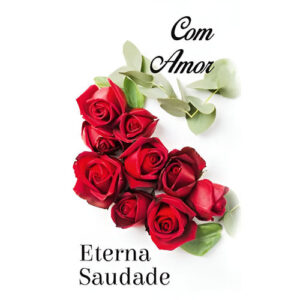 Etiqueta decorativa para velas com rosas vermelhas, texto 'Com Amor' e 'Eterna Saudade'