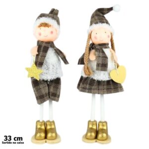 Decoração de Natal 33cm menino e menina em branco e dourado