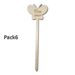 Pick decorativo em forma de borboleta com a palavra 'Amor', feito de madeira, pack de 6