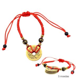 Pulseira Feng Shui com moedas douradas e cordão vermelho