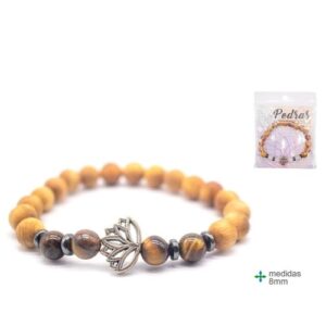 Pulseira de madeira com pedras Olho de Tigre de 8mm