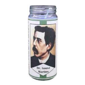 Vela em copo de vidro com imagem de Dr. Sousa Martins