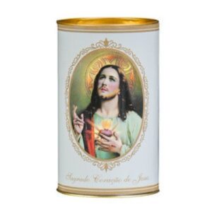 Círio Vela 30T com imagem do Sagrado Coração de Jesus em fundo branco e dourado