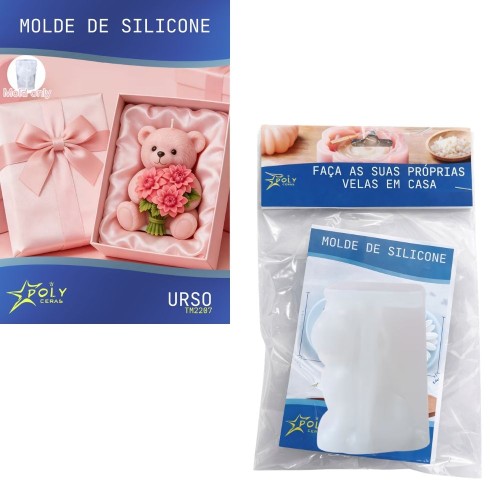 Molde em silicone para criar velas, resinas, sabão e gesso em forma de urso com flores