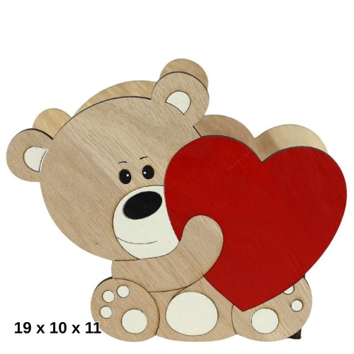 Caixa Urso com Coração em Madeira 19x10x11cm