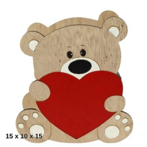 Caixa Urso com Coração em Madeira 15x10x15cm