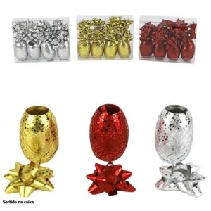 4 Rolos de Fita para Laços 5mm 10m e 12 Laços - Sortido (Dourado, Vermelho e Prateado)