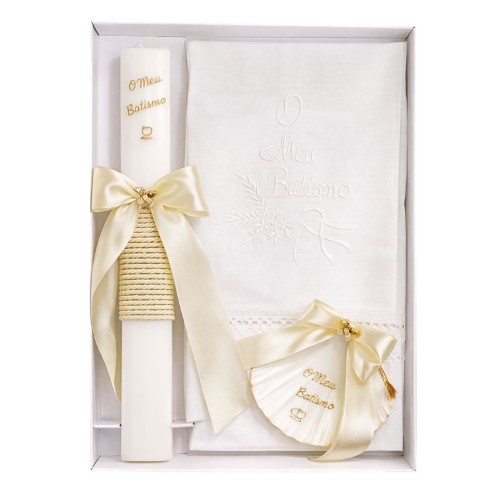 Kit / Conjunto Batismo (Vela Quadrada Decorada, Toalha e Concha) - Pérola
