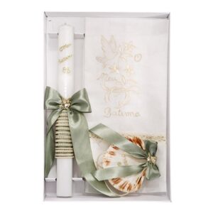 Kit / Conjunto Batismo (Vela Quadrada Decorada, Toalha e Concha) - Verde Pastel