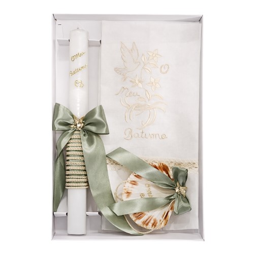 Kit / Conjunto Batismo (Vela Quadrada Decorada, Toalha e Concha) - Verde Pastel