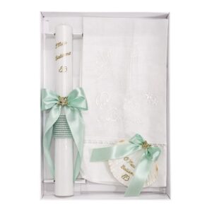 Kit / Conjunto Batismo (Vela Redonda Decorada, Toalha e Concha) - Verde