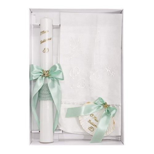 Kit / Conjunto Batismo (Vela Redonda Decorada, Toalha e Concha) - Verde