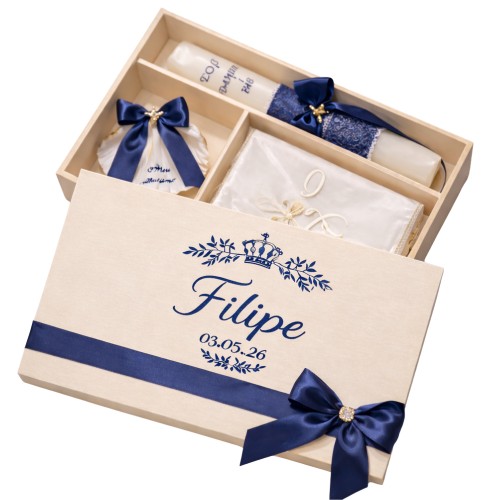 Kit / Conjunto Batismo (Vela Redonda Decorada, Toalha e Concha) - Azul Marinho