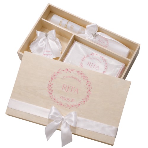 Kit / Conjunto Batismo (Vela Redonda Decorada, Toalha e Concha) - Branco