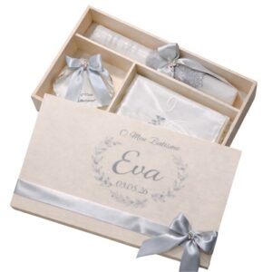 Kit / Conjunto Batismo (Vela Redonda Decorada, Toalha e Concha) - Cinza Claro