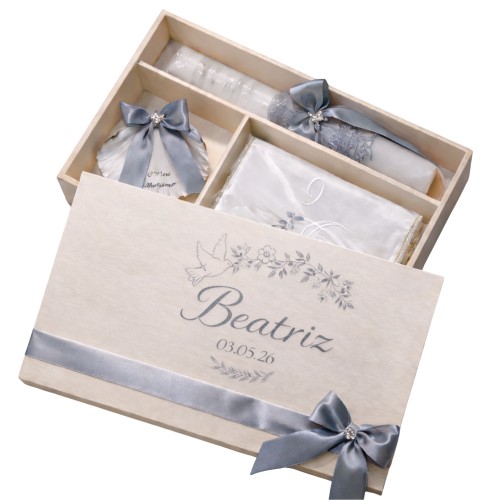 Kit / Conjunto Batismo (Vela Redonda Decorada, Toalha e Concha) - Cinza Escuro
