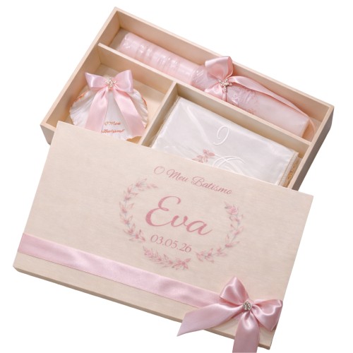 Kit / Conjunto Batismo (Vela Redonda Decorada, Toalha e Concha) - Rosa